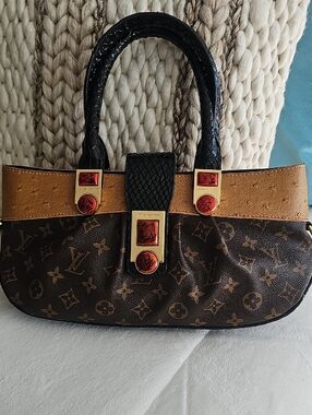 Louis Vuitton Brown Monogram Satchel with Black Handles and Tan Trim